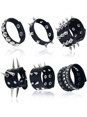 Punk Studded Bracelet Set PU Faux Leather Spike Cuff Adjustable Goth Wristband